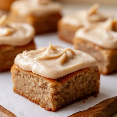 Delicious banana bread brownies served on a rustic wooden table