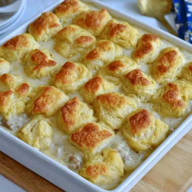 Biscuits and gravy casserole served in a white dish