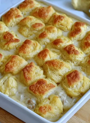 Biscuits and gravy casserole served in a white dish
