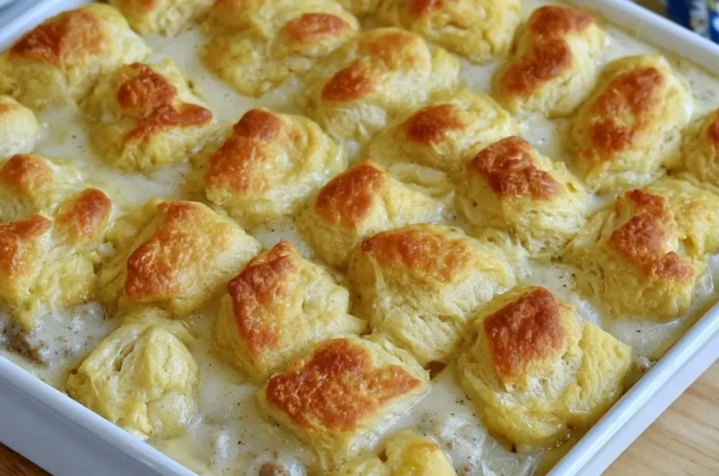 Biscuits and gravy casserole served in a white dish