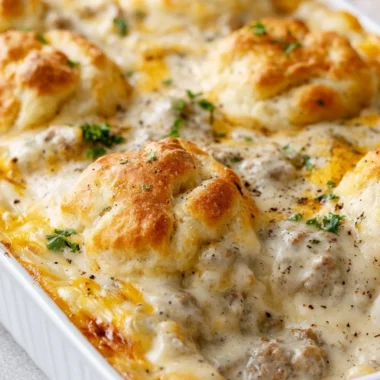 Delicious Biscuits and Gravy Casserole served in a baking dish
