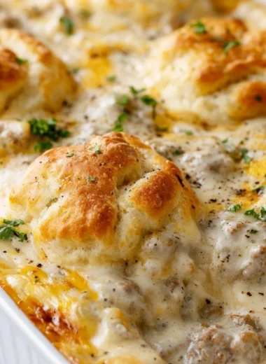 Delicious Biscuits and Gravy Casserole served in a baking dish