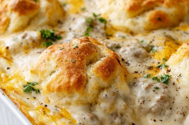 Delicious Biscuits and Gravy Casserole served in a baking dish