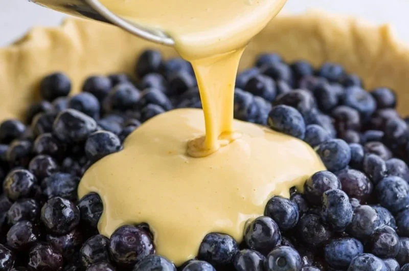 Delicious slice of Blueberries and Cream Pie with fresh blueberries on top