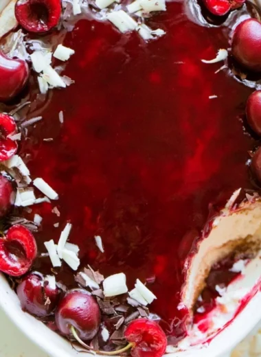 Delicious Cherry Tiramisu dessert layered with cherries and mascarpone cream