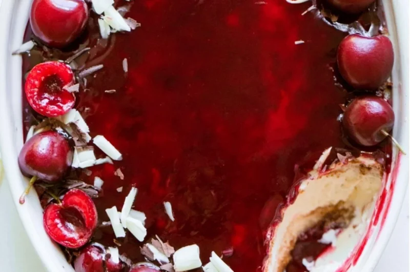 Delicious Cherry Tiramisu dessert layered with cherries and mascarpone cream