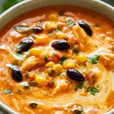 Bowl of creamy Chicken Enchilada Soup with toppings and garnishes
