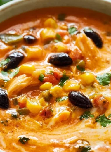 Bowl of creamy Chicken Enchilada Soup with toppings and garnishes