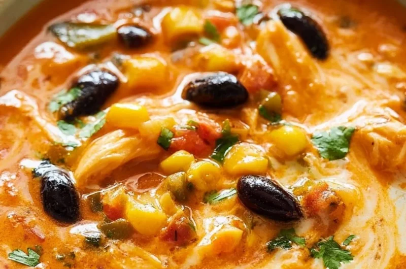 Bowl of creamy Chicken Enchilada Soup with toppings and garnishes