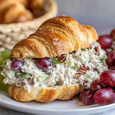 Chicken salad croissant sandwich filled with creamy chicken salad and fresh ingredients.