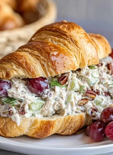 Chicken salad croissant sandwich filled with creamy chicken salad and fresh ingredients.