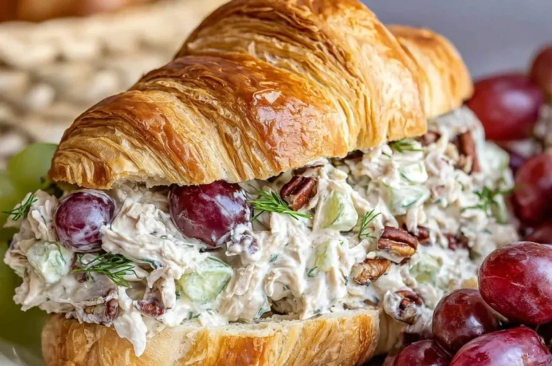 Chicken salad croissant sandwich filled with creamy chicken salad and fresh ingredients.