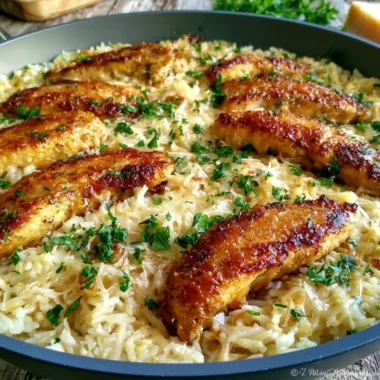 Plate of Chicken Scampi with Garlic Parmesan Rice garnished with parsley