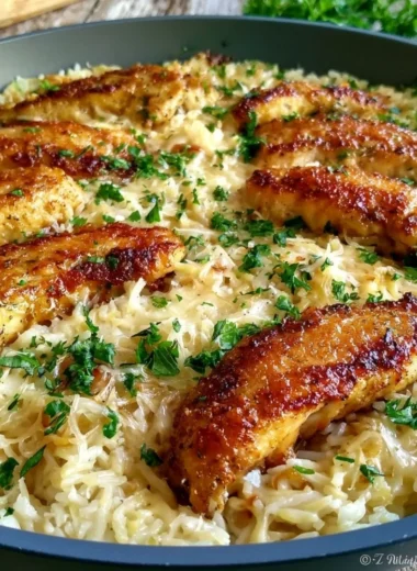 Plate of Chicken Scampi with Garlic Parmesan Rice garnished with parsley