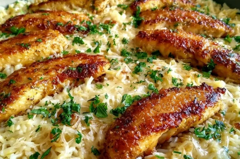 Plate of Chicken Scampi with Garlic Parmesan Rice garnished with parsley