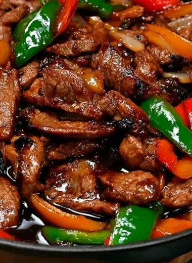 Delicious Chinese pepper steak with onions served in a bowl