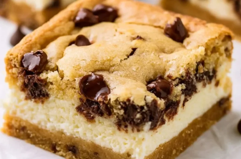 Delicious chocolate chip cheesecake bars on a white plate
