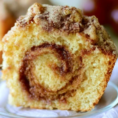 Moist cinnamon swirl coffee cake fresh out of the oven with a golden crust