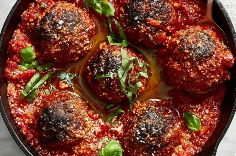 Delicious classic meatballs served with marinara sauce on a plate
