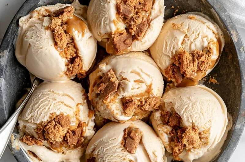 Delicious cookie butter ice cream topped with caramel drizzle and cookie crumbles.