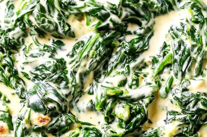 Delicious serving of creamed spinach in a bowl garnished with herbs