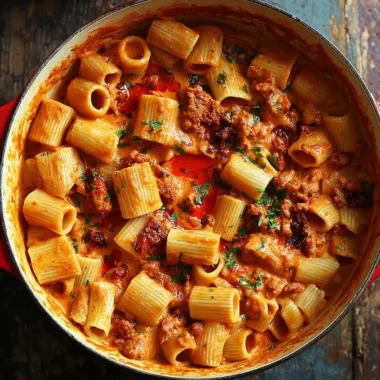 Creamy chorizo pasta dish garnished with herbs and cheese