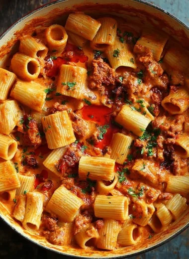 Creamy chorizo pasta dish garnished with herbs and cheese