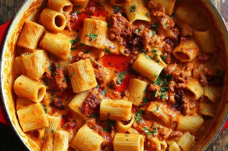 Creamy chorizo pasta dish garnished with herbs and cheese