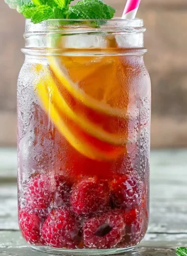 A refreshing glass of Earl Grey Raspberry Iced Tea with fresh raspberries and ice.