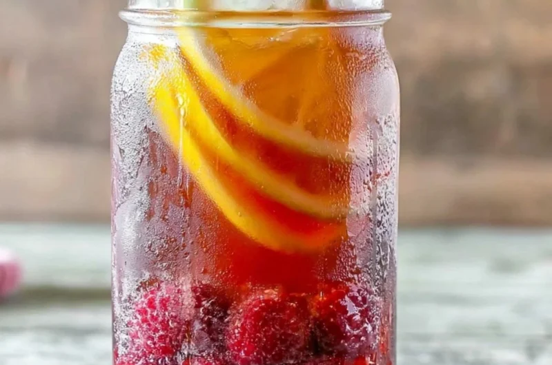 A refreshing glass of Earl Grey Raspberry Iced Tea with fresh raspberries and ice.