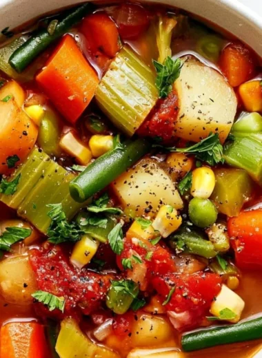 Bowl of easy homemade vegetable soup with fresh vegetables.