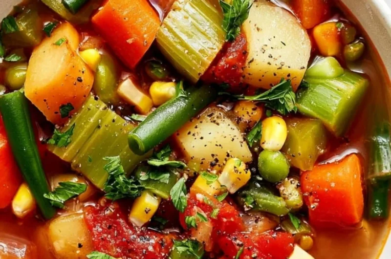 Bowl of easy homemade vegetable soup with fresh vegetables.