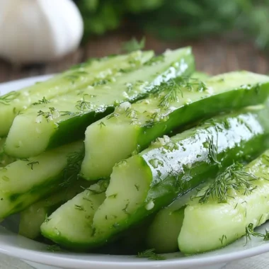 Freshly prepared Garlic Dill Cucumbers in a bowl