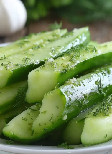 Freshly prepared Garlic Dill Cucumbers in a bowl