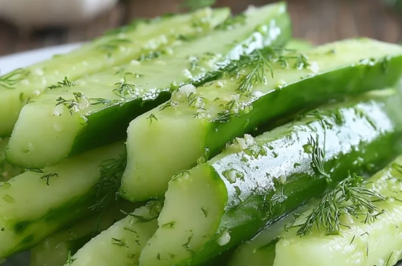 Freshly prepared Garlic Dill Cucumbers in a bowl