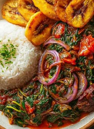 Bowl of Ghanaian Spinach Stew with spices and ingredients prepared