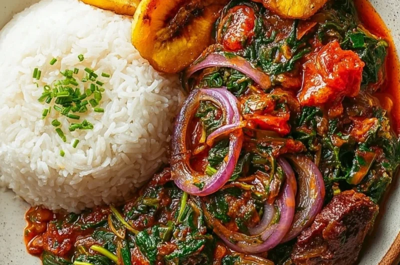 Bowl of Ghanaian Spinach Stew with spices and ingredients prepared