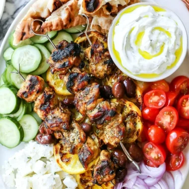 Marinated Greek Chicken Kabobs on a grill, ready to serve with fresh vegetables.