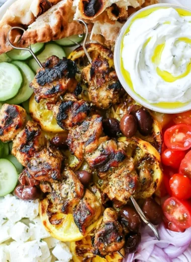 Marinated Greek Chicken Kabobs on a grill, ready to serve with fresh vegetables.