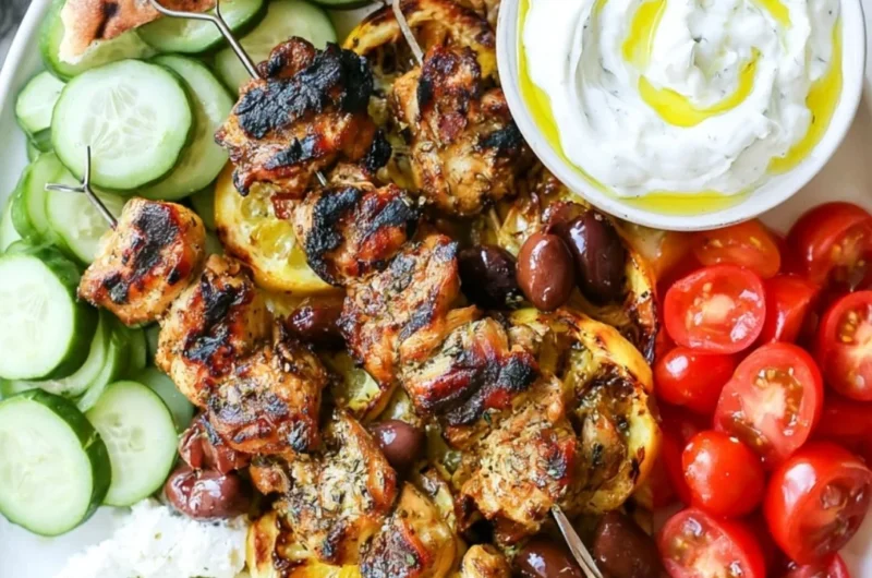 Marinated Greek Chicken Kabobs on a grill, ready to serve with fresh vegetables.