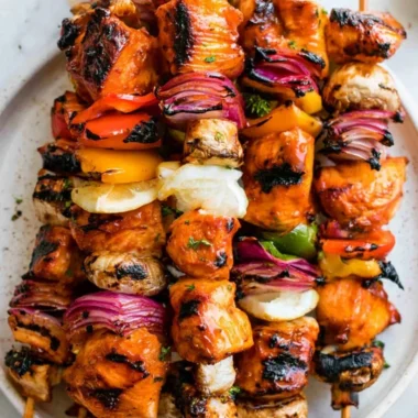 Grilled chicken kabobs with colorful vegetables on skewers.