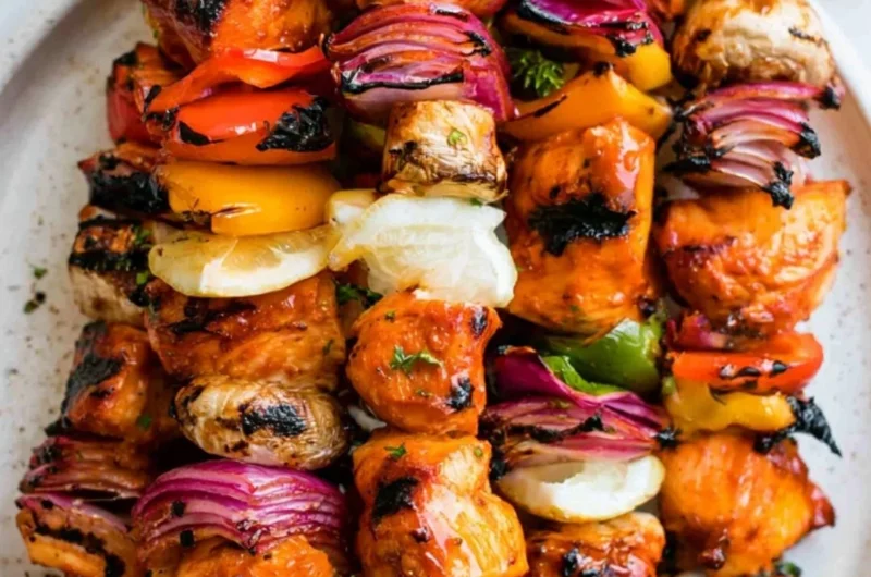 Grilled chicken kabobs with colorful vegetables on skewers.