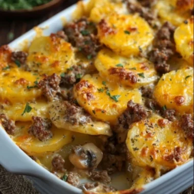 Delicious Hamburger Potato Casserole served in a baking dish