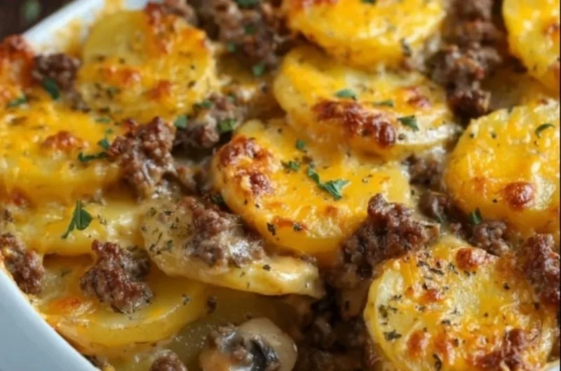 Delicious Hamburger Potato Casserole served in a baking dish