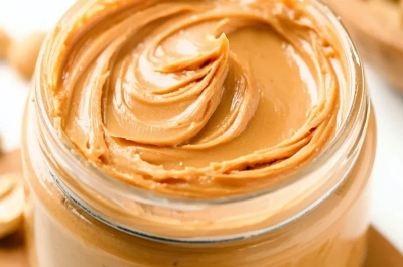 Creamy homemade peanut butter in a jar with a spoon.