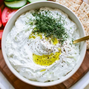 Bowl of homemade tzatziki sauce with fresh cucumbers and herbs