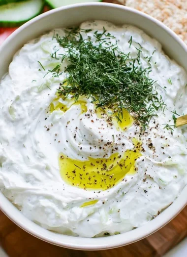 Bowl of homemade tzatziki sauce with fresh cucumbers and herbs