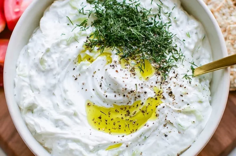 Bowl of homemade tzatziki sauce with fresh cucumbers and herbs