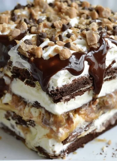 Delicious ice cream sandwich cake with layers of ice cream and cookies