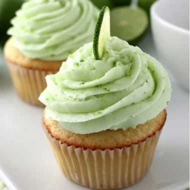 Delicious key lime cupcakes with frosting and lime zest on a wooden serving plate.
